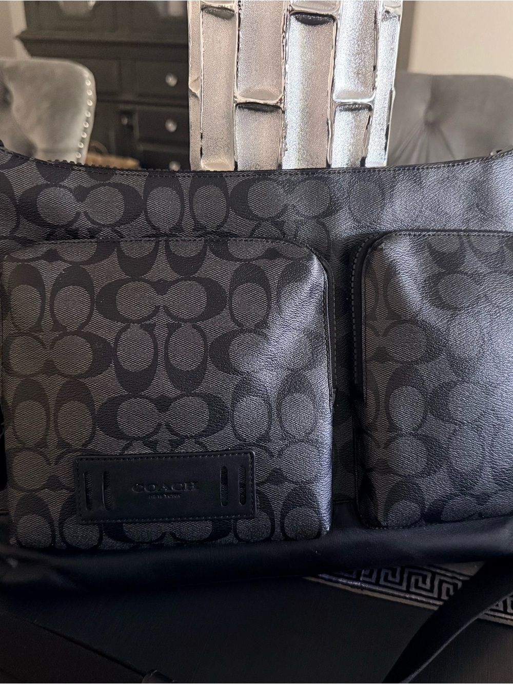 Coach Men's Signature Charcoal and Black Messenger Bag